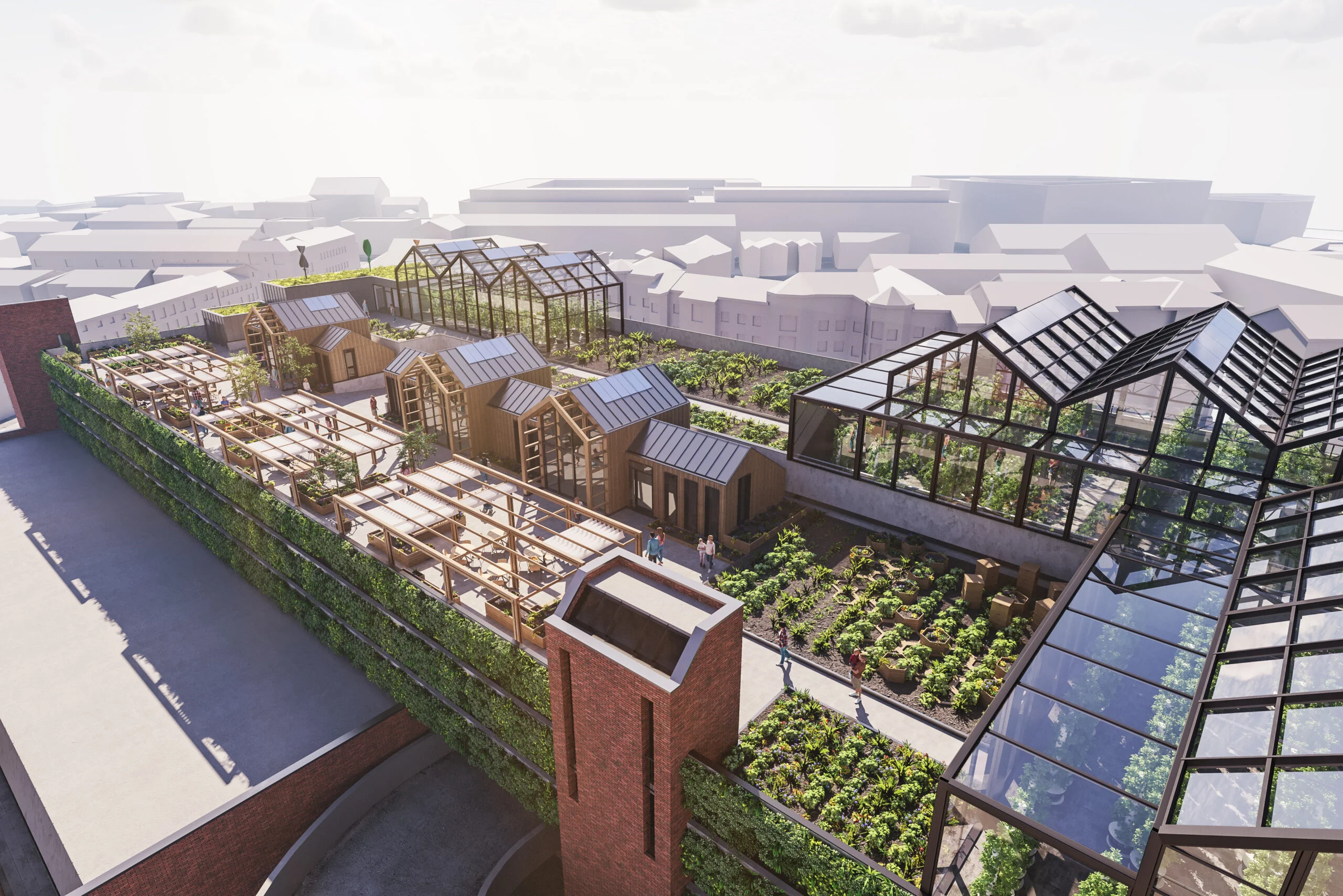 Vyse Street Food Project Phase 2, rooftop urban farm in Birmingham's Jewellery Quarter: exterior visualisation