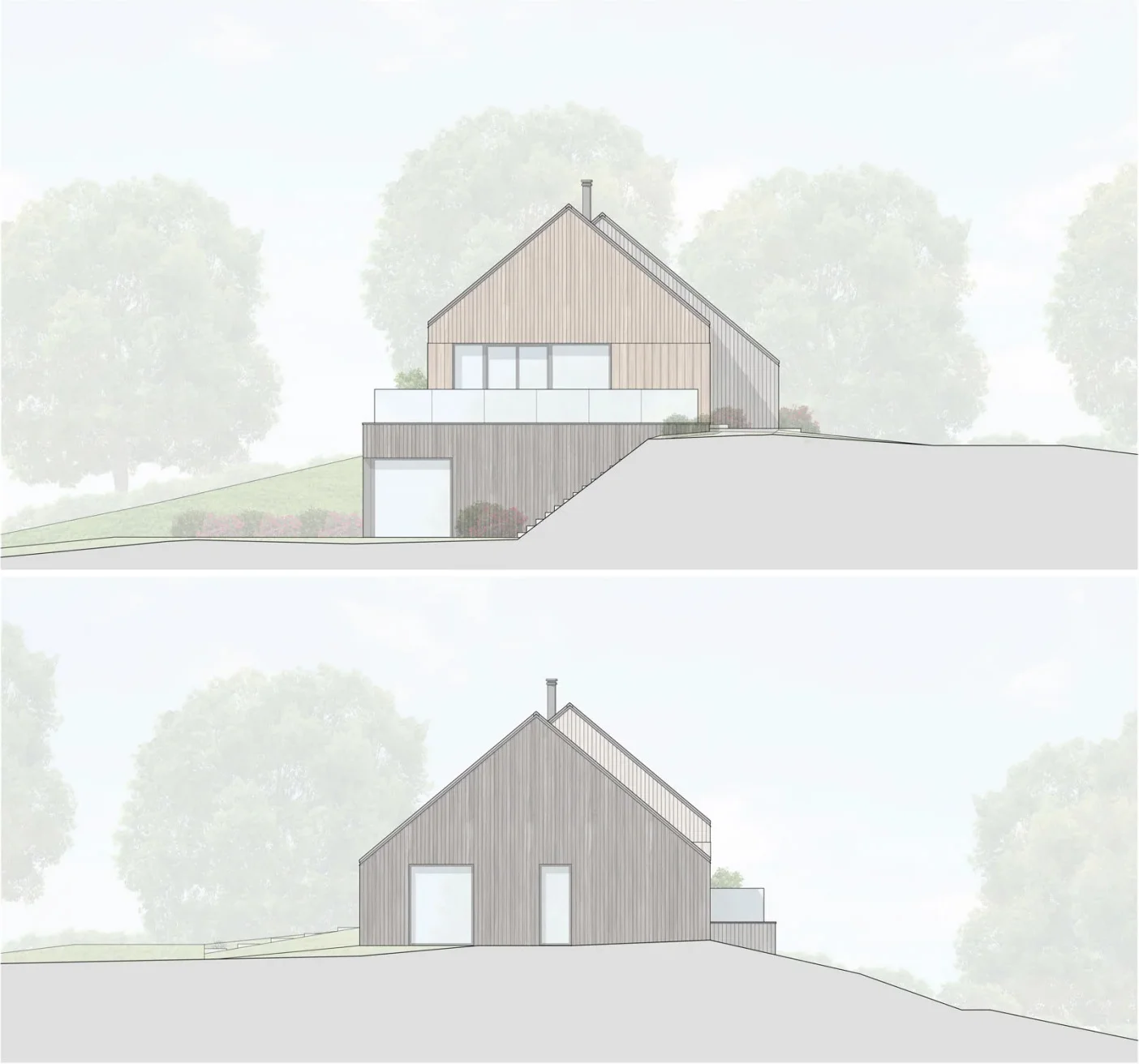 Brookfield Barn elevations, timber-clad new build home set into a sloping site, Nottinghamshire