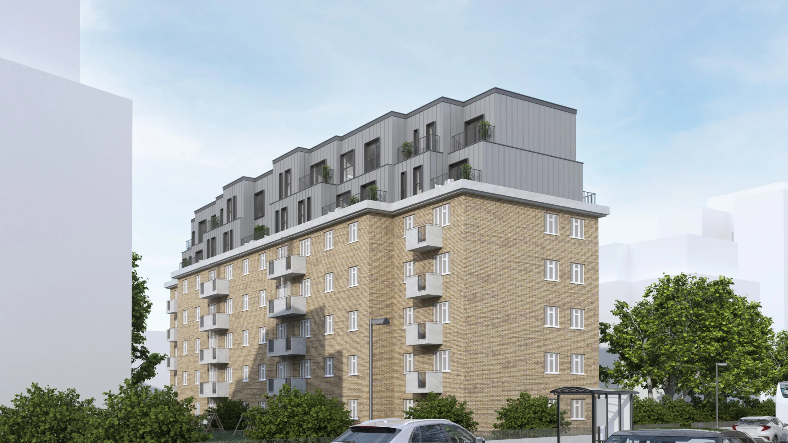 Hackney Airspace, rooftop airspace flats in Hackney, London: exterior visualisation