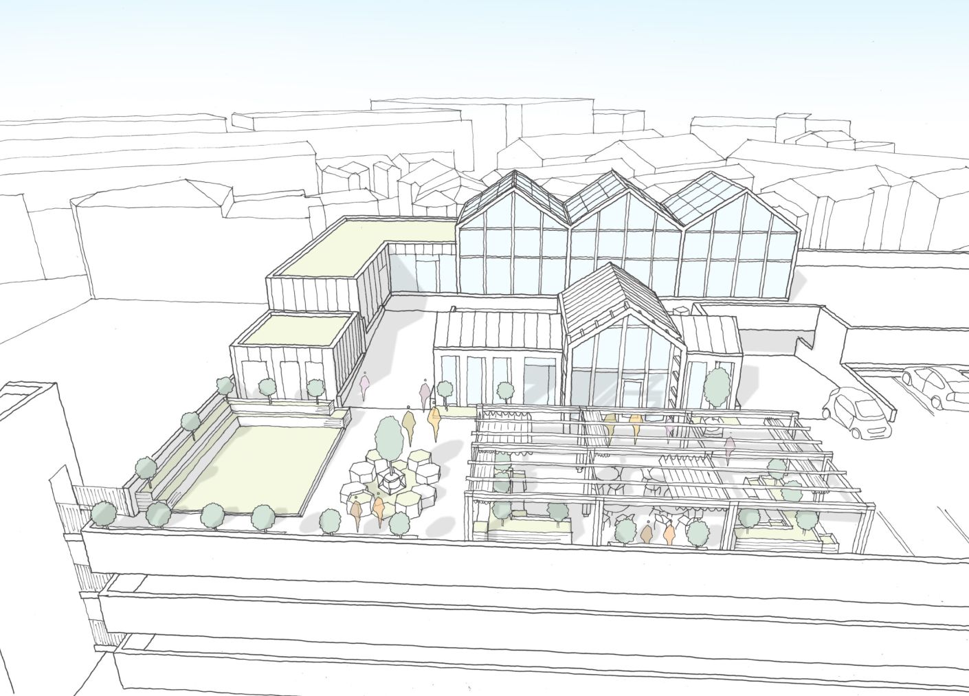 Vyse Street Food Project, rooftop urban farm in Birmingham's Jewellery Quarter: plan sketch