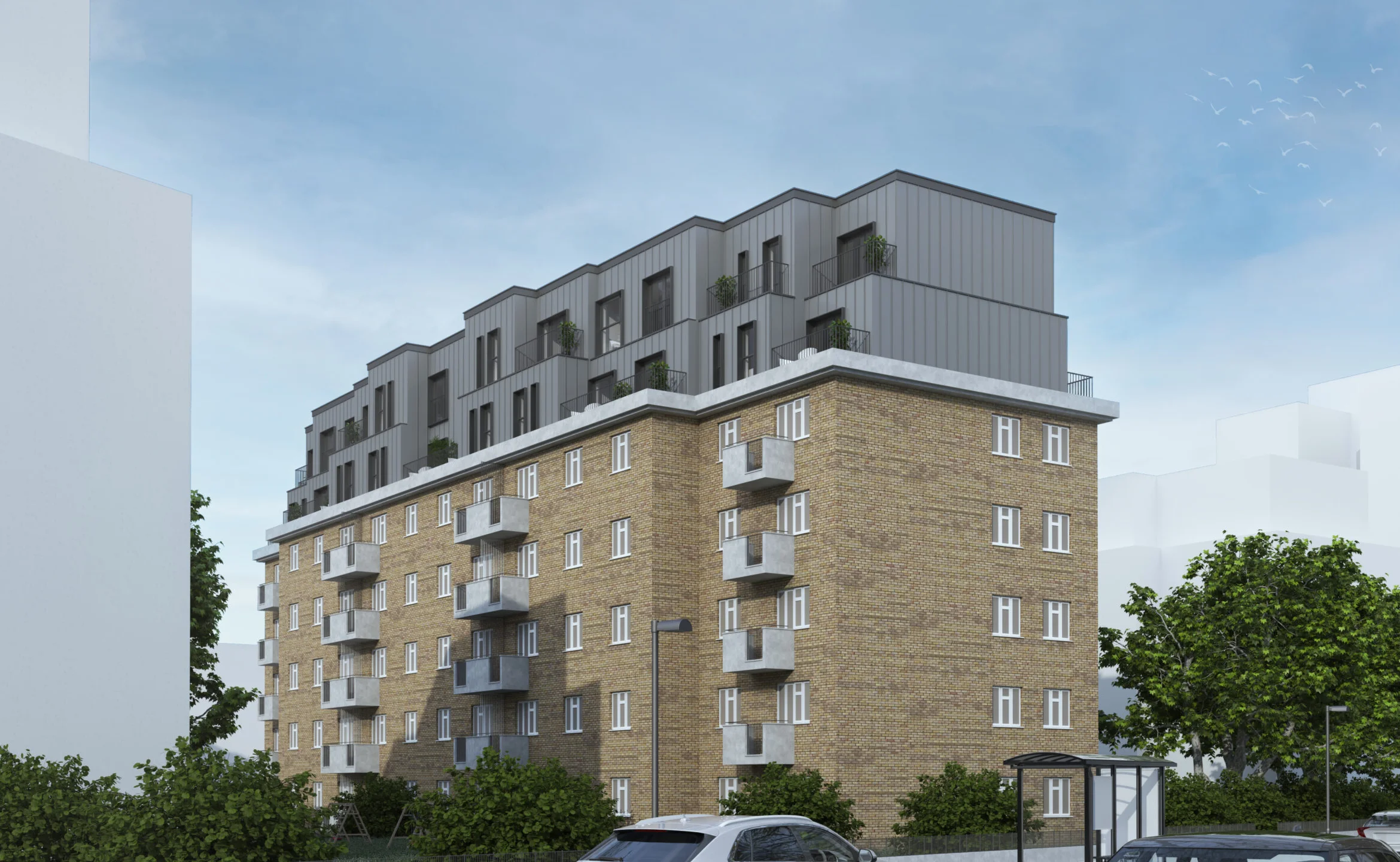 Hackney Airspace, rooftop airspace flats in Hackney, London: exterior visualisation