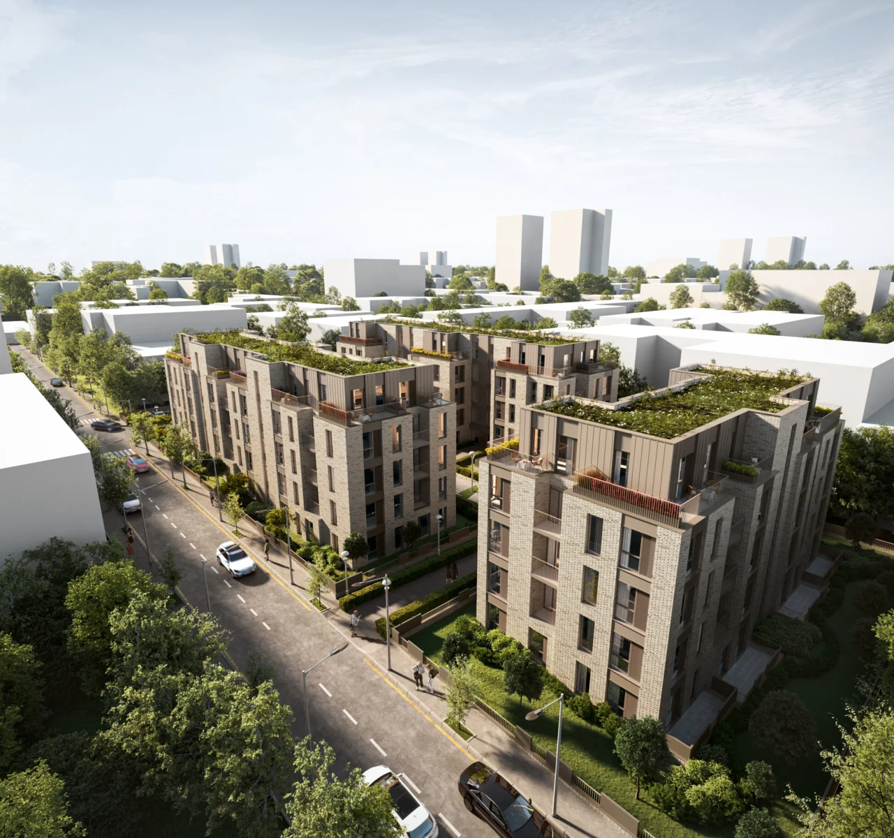 City Gardens, build-to-rent apartments in East London: aerial visualisation