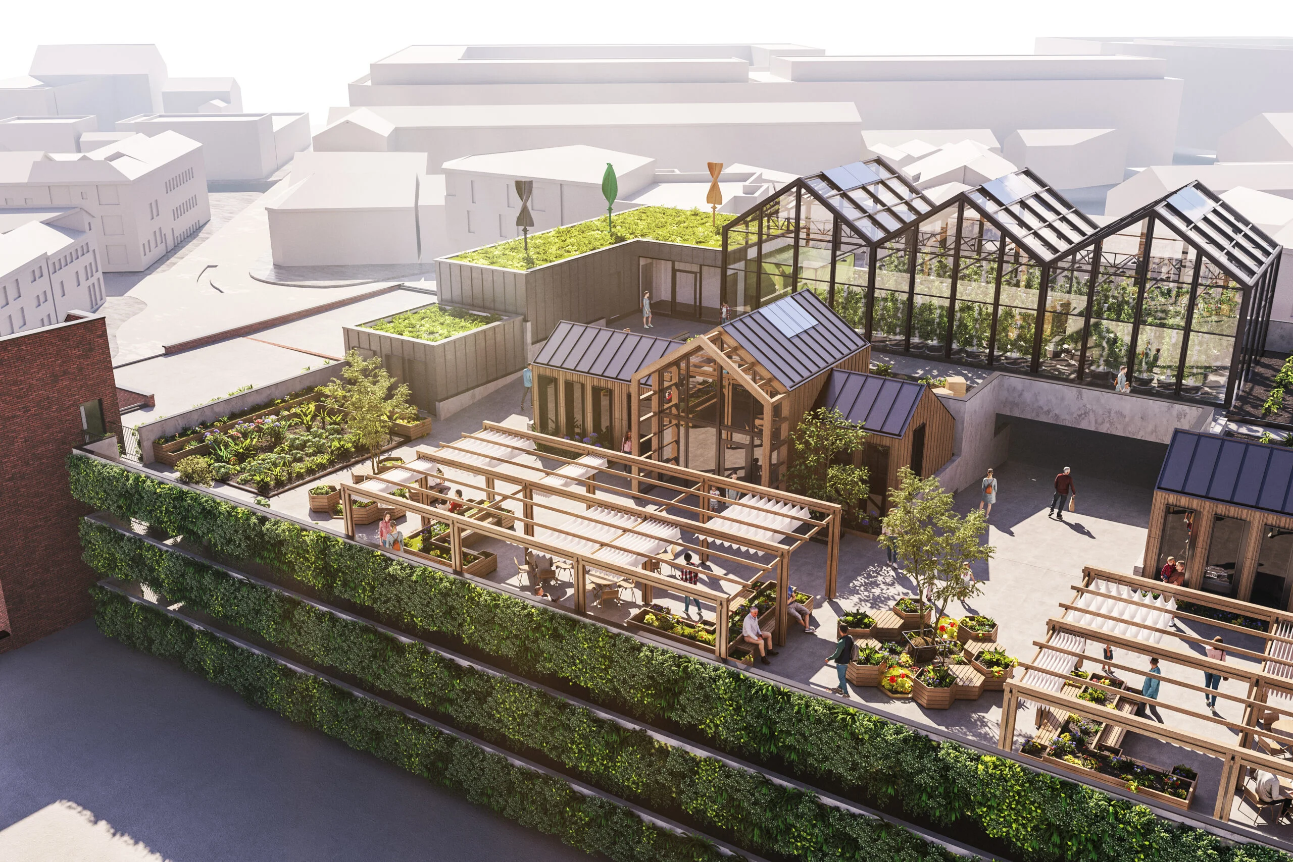 Vyse Street Food Project Phase 2, rooftop urban farm in Birmingham's Jewellery Quarter: exterior visualisation
