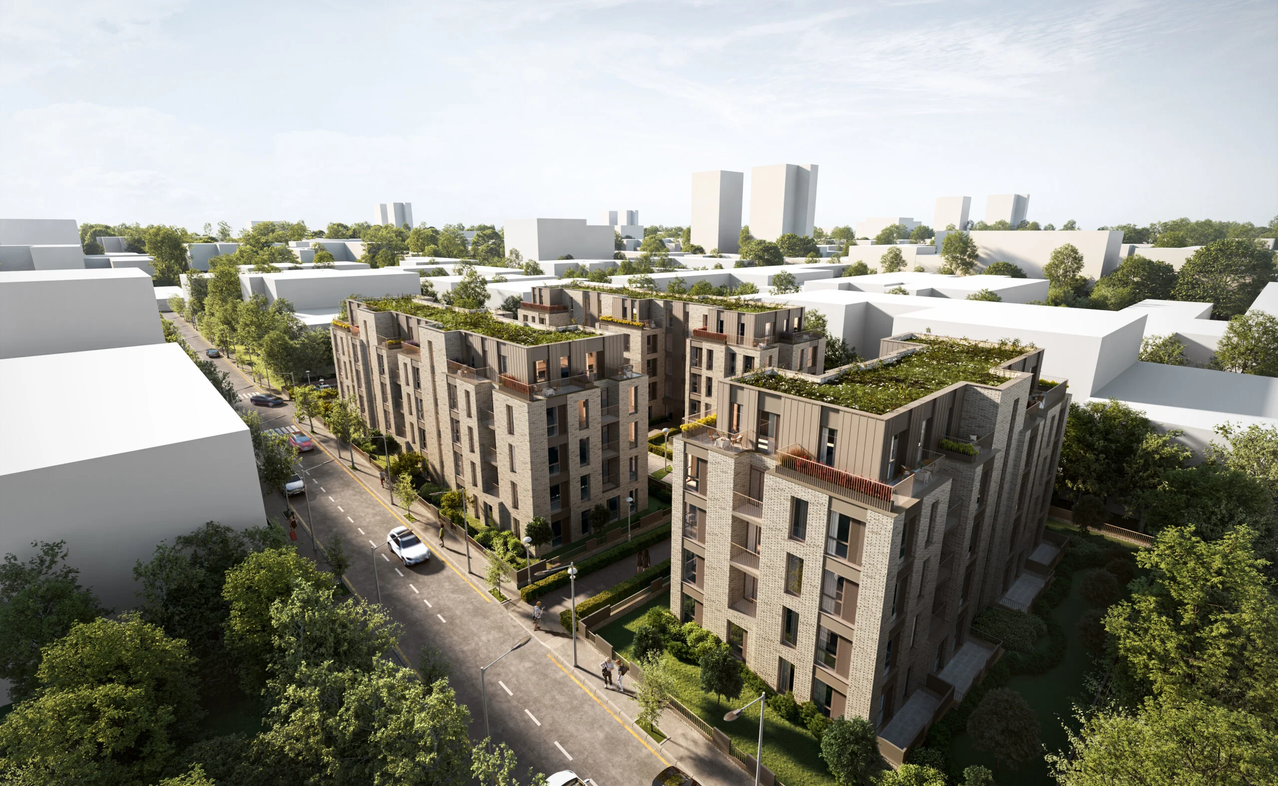 City Gardens, build-to-rent apartments in East London: aerial visualisation