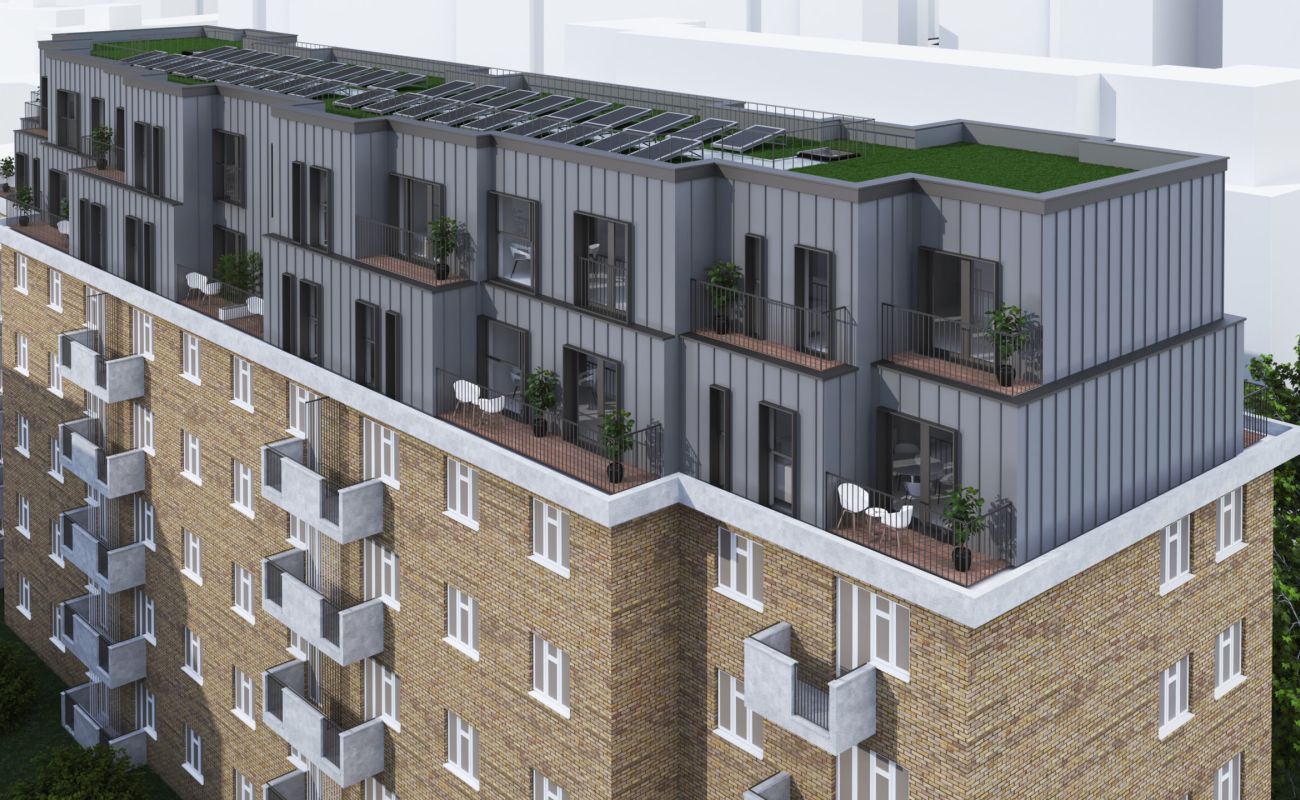 Hackney Airspace, rooftop airspace flats in Hackney, London: exterior visualisation