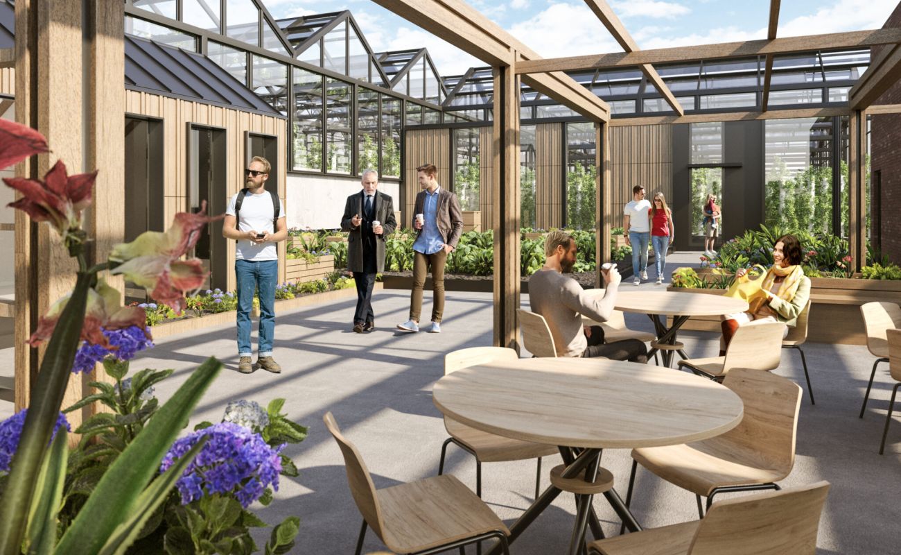 Vyse Street Food Project Phase 2, rooftop urban farm in Birmingham's Jewellery Quarter: exterior visualisation